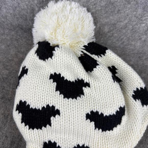 Disneyland Paris Mickey Knit Earflap Beanie Hat White Black Pom Adult Tassels main image 4